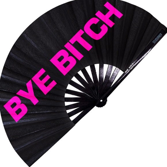 NWT Solid Black & Pink “BYE B*TCH” 25in Handheld Fan - Picture 1 of 3